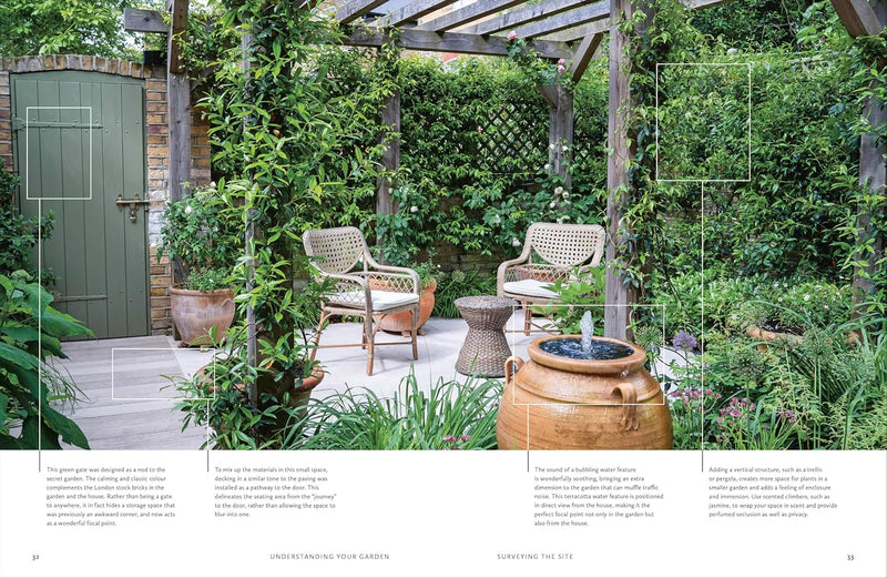 Hardcover book titled "How To Design A Garden" by Pollyanna Wilkinson, featuring garden design and maintenance tips.