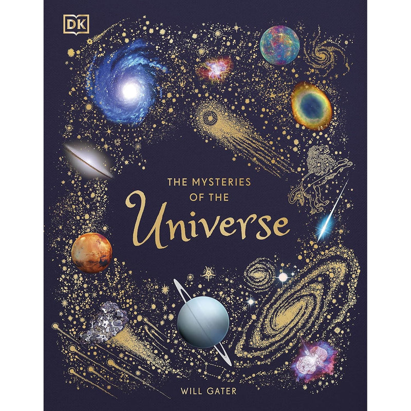DK book titled "The Mysteries of the Universe" by Will Gater, featuring a cosmic space-themed cover with stars and galaxies.