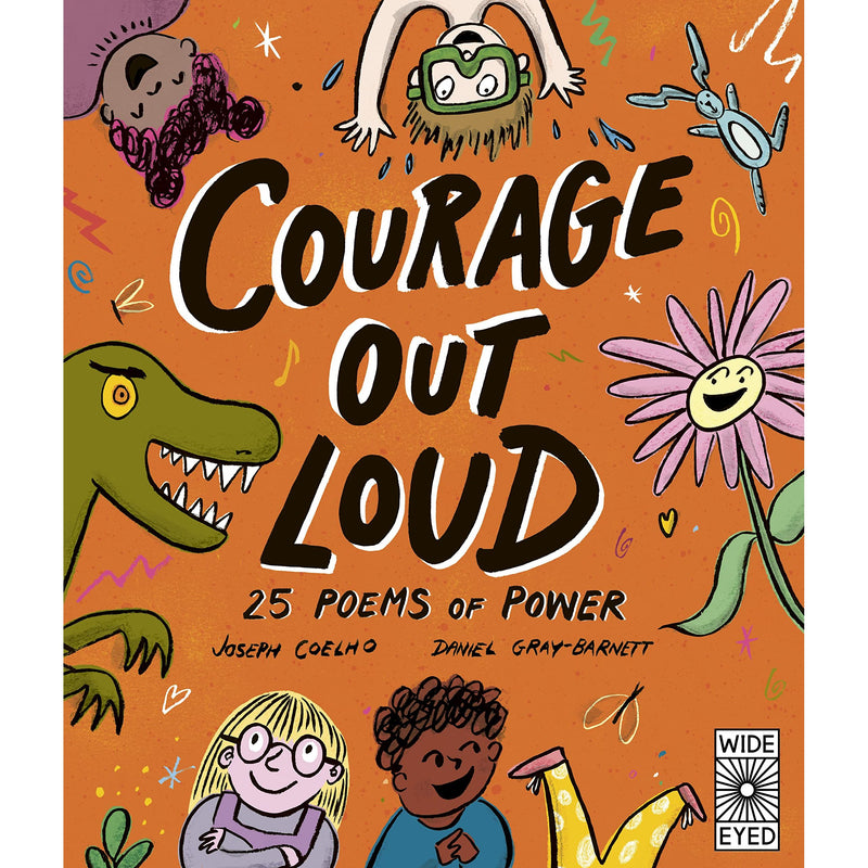 Open poetry book titled "Courage Out Loud: 25 Poems of Power" by Wide Eyed Editions, showing colorful illustrated pages.