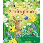 Interactive springtime board book by Anna Milbourne featuring colorful illustrations and peek-through pages about seasonal wonders.