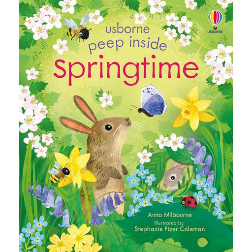 Interactive springtime board book by Anna Milbourne featuring colorful illustrations and peek-through pages about seasonal wonders.
