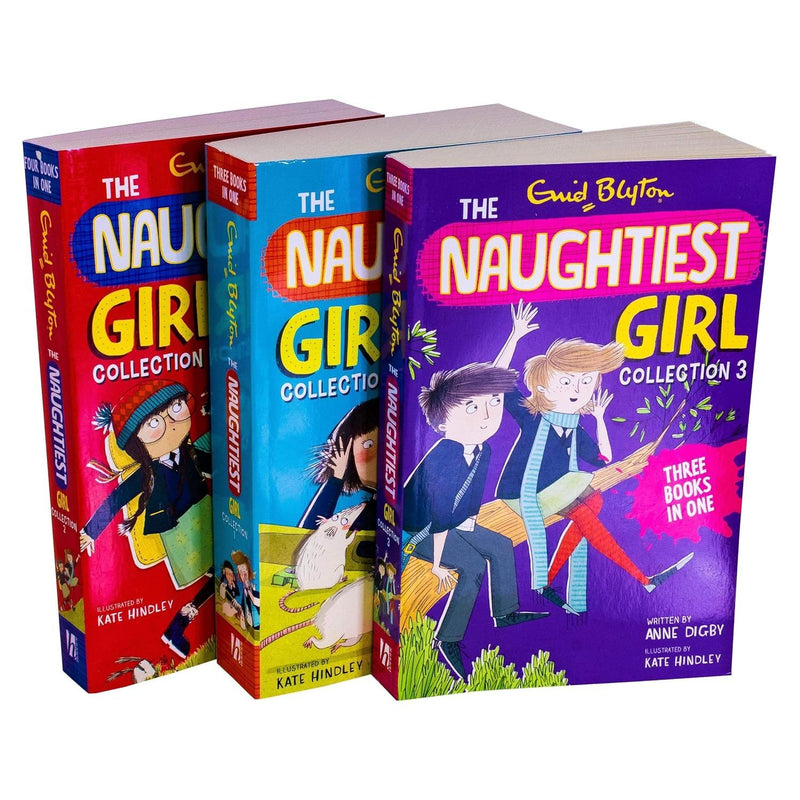 Set of three The Naughtiest Girl books by Enid Blyton, hardcover collection with colorful covers, published by Hodder.
