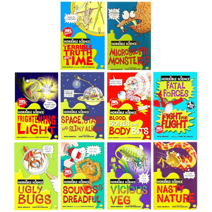 Horrible Science 10 Books Collection (Blood, Bones and Body Bits, Frightening Light, Microscopic Monsters, Nasty Nature, Sounds Dreadful, Space, Stars and Slimy Aliens, The Fight for Flight and 3 More) - The Book Bundle