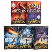 Set of five Puffin paperback books from Rick Riordan's Heroes of Olympus series, featuring colorful covers and mythological themes.