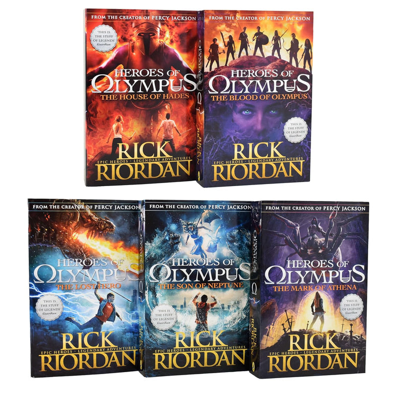 Set of five Puffin paperback books from Rick Riordan's Heroes of Olympus series, featuring colorful covers and mythological themes.