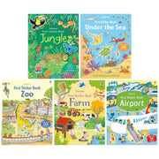 Set of five Usborne First Sticker Books for ages 3-5, featuring colorful illustrations and engaging sticker activities.