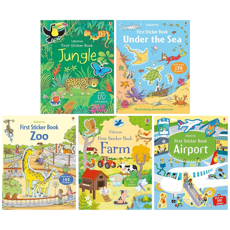 Set of five Usborne First Sticker Books for ages 3-5, featuring colorful illustrations and engaging sticker activities.