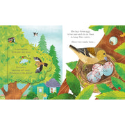 Open book showing colorful springtime illustrations and interactive flaps from "Peep Inside Springtime" by Anna Milbourne.