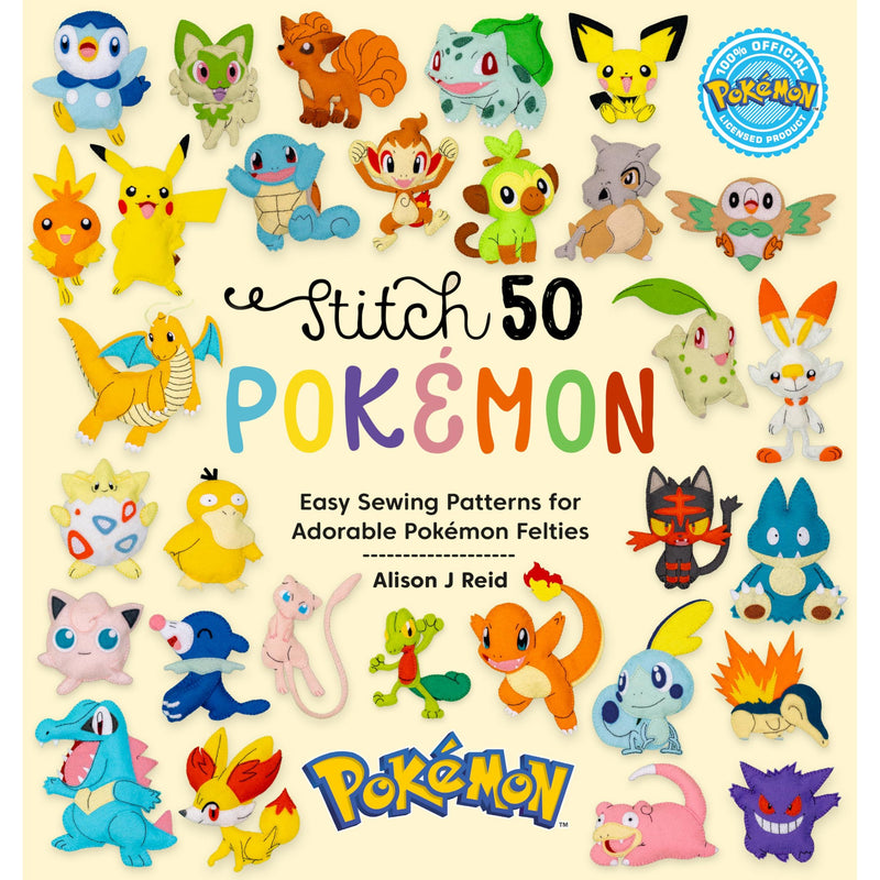 Paperback book titled "Stitch 50 Pokémon" by David and Charles, featuring easy sewing patterns for adorable Pokémon felties.