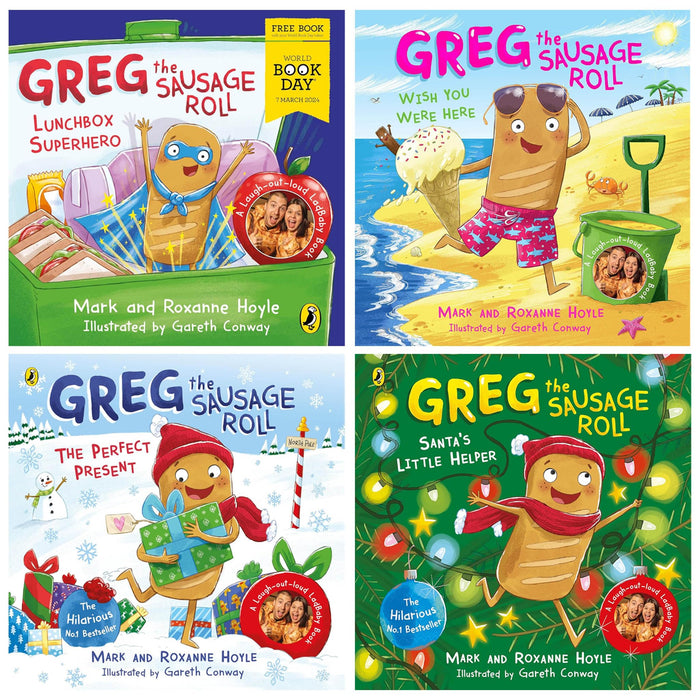 Greg the Sausage Roll Collection 4 Books Collection Set (Greg the Sausage Roll: Santa's Little Helper, Wish You Were Here, The Perfect Present [Hardback], Lunchbox Superhero: WBD 2024) - The Book Bundle