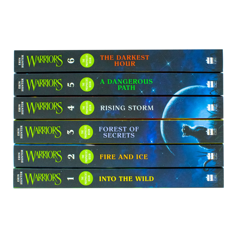 Six-book collection of Warrior Cats Series 1 by Erin Hunter, including Into the Wild, Fire and Ice, and Forest of Secrets, by HarperCollins.