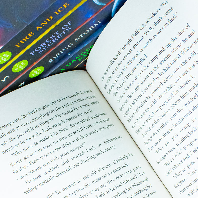 Six-book collection of Warrior Cats Series 1 by Erin Hunter, featuring Into the Wild, Fire and Ice, and Forest of Secrets.