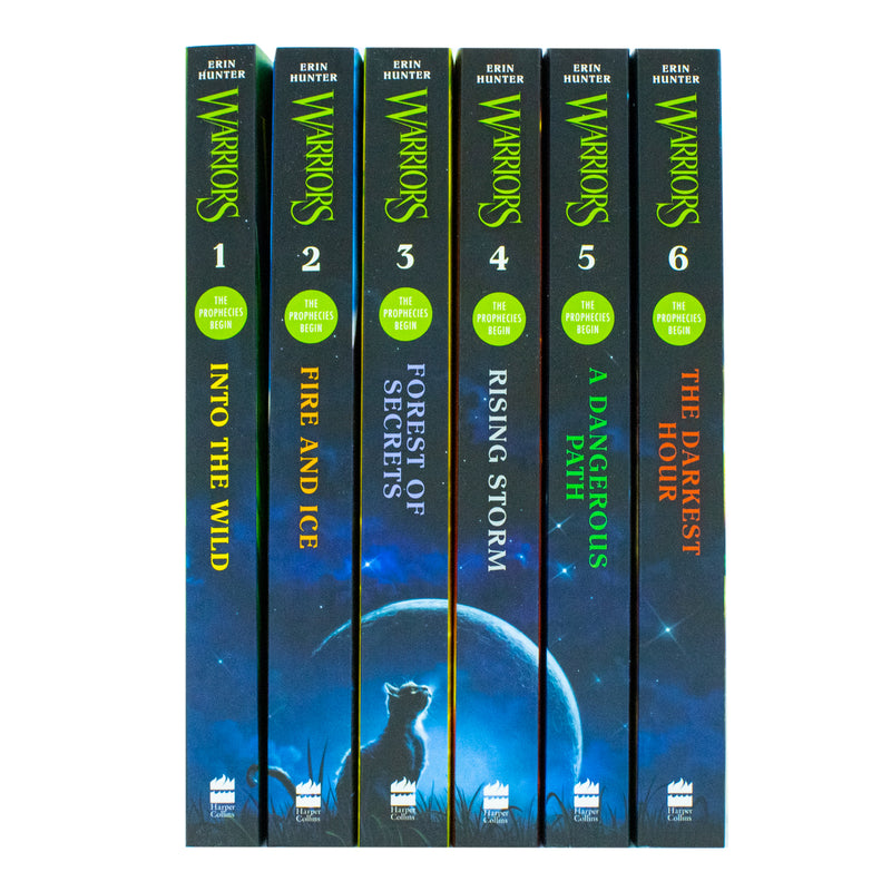 Six-book set of Warrior Cats Series 1 by Erin Hunter, including Into the Wild, Fire and Ice, and Forest of Secrets, published by HarperCollins.
