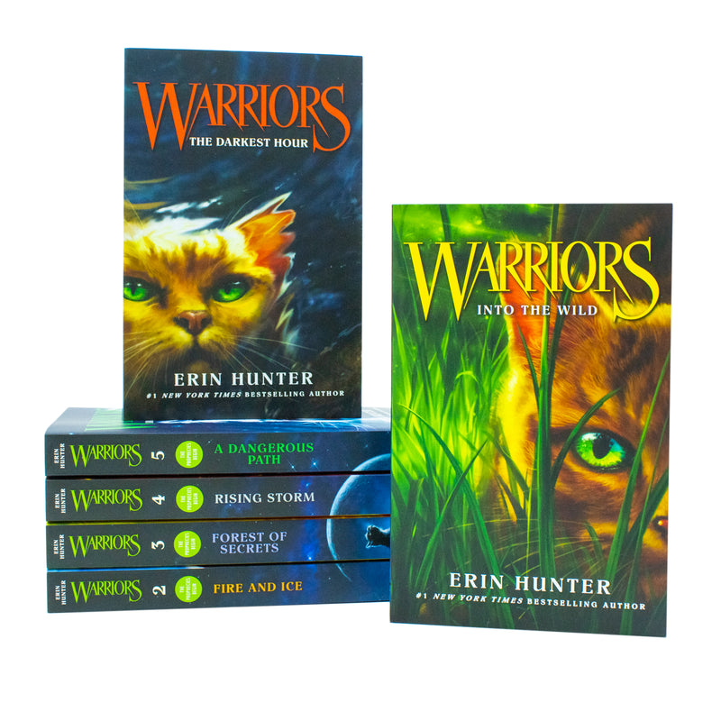Six-book collection of Warrior Cats Series 1 by Erin Hunter, featuring Into the Wild, Fire and Ice, Forest of Secrets, and more.
