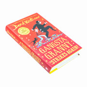Cover of "Gangsta Granny Strikes Again!" children's book by David Walliams, featuring colorful illustrations and playful typography.