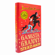 Cover image of "Gangsta Granny Strikes Again!" children's book by David Walliams, featuring colorful illustrated characters.