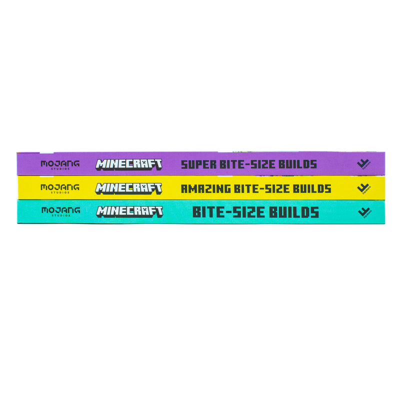 Set of three Minecraft Bite-Size Builds Collection books by Mojang AB, featuring colorful covers and Minecraft-themed illustrations.