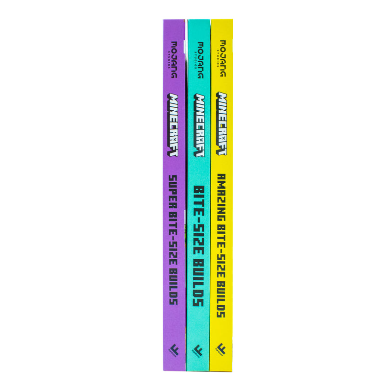 Set of three Minecraft Bite-Size Builds Collection books by Mojang AB, featuring colorful Minecraft-themed illustrations.