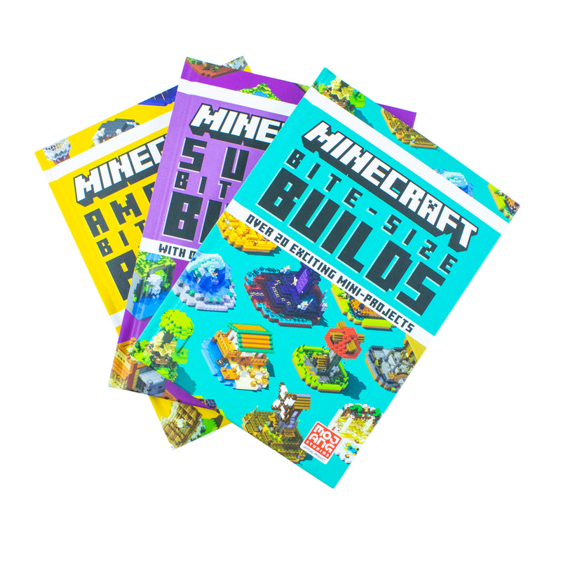 Minecraft Bite-Size Builds Collection 3 books set by Mojang AB, featuring colorful covers with Minecraft characters and building scenes.