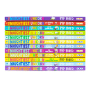 Set of 12 The Naughtiest Unicorn books by Pip Bird, featuring colorful covers with unicorn characters and playful school scenes.