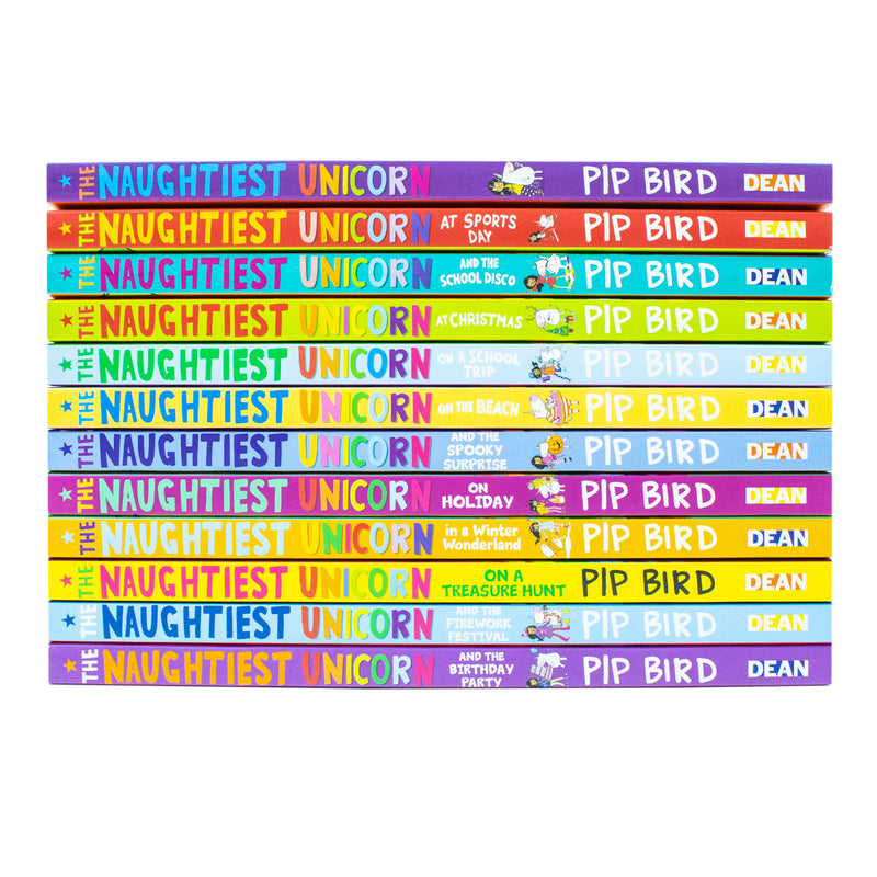 Set of 12 The Naughtiest Unicorn books by Pip Bird, featuring colorful covers with unicorn characters and playful school scenes.