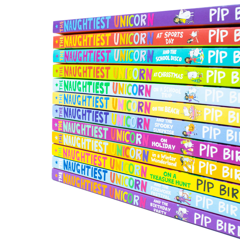 Set of 12 The Naughtiest Unicorn series books by Pip Bird, featuring colorful covers with unicorn characters and school-themed illustrations.
