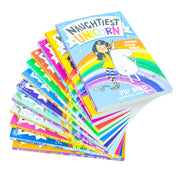 Set of 12 The Naughtiest Unicorn books by Pip Bird, including titles like Sports Day, School Disco, and Christmas, published by Egmont.