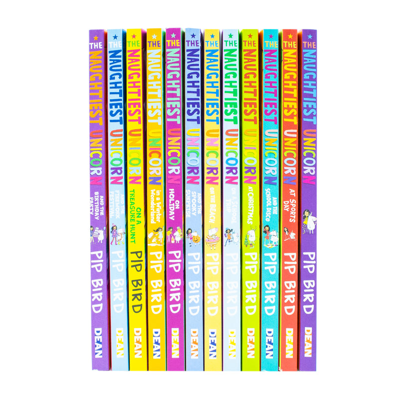 Set of 12 The Naughtiest Unicorn books by Pip Bird, including Sports Day, School Disco, Christmas, and School Trip, published by Egmont.