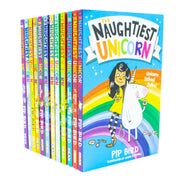 Set of 12 The Naughtiest Unicorn series books by Pip Bird, featuring colorful covers with unicorn characters and school-themed illustrations.