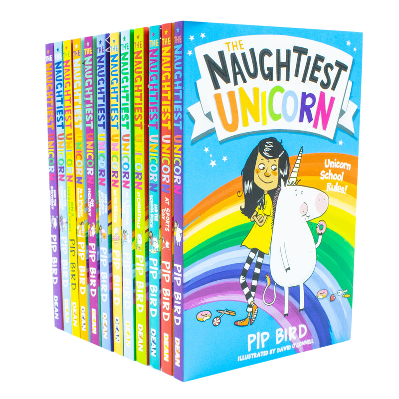 Set of 12 The Naughtiest Unicorn series books by Pip Bird, featuring colorful covers with unicorn characters and school-themed illustrations.