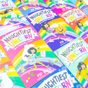 Set of 12 The Naughtiest Unicorn series books by Pip Bird, featuring colorful covers with unicorn characters and playful scenes.