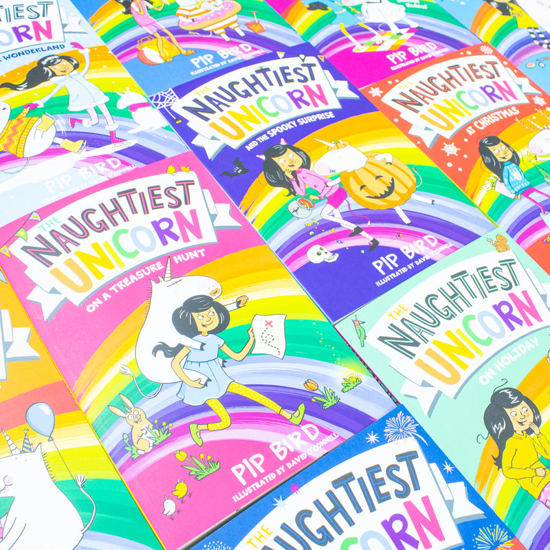 Set of 12 The Naughtiest Unicorn series books by Pip Bird, featuring colorful covers with unicorn characters and playful scenes.