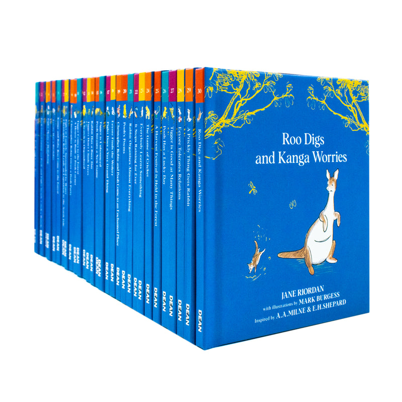 Dean Winnie-the-Pooh Classic Story Collection box set of 30 books by A. A. Milne, featuring colorful covers and characters.