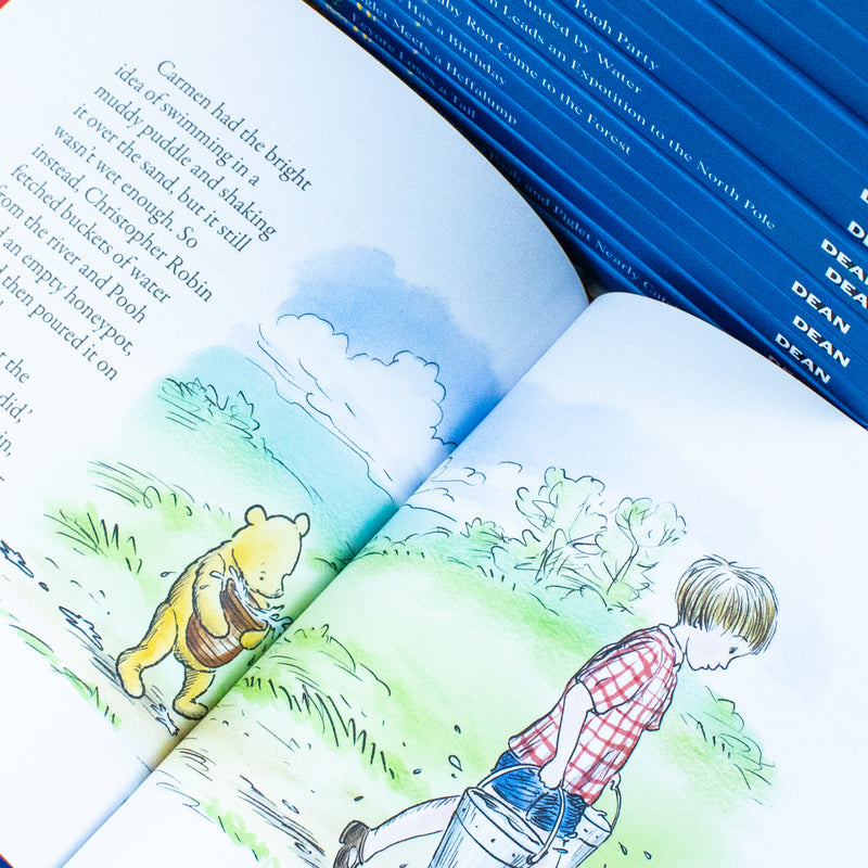 Dean Winnie-the-Pooh Classic Story Collection box set with 30 books by A. A. Milne, featuring colorful covers and iconic characters.