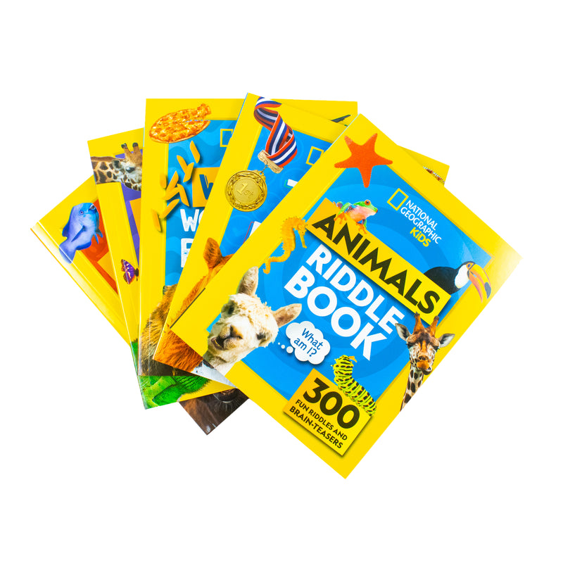 National Geographic Kids Animals 5-book family game collection set by Collins, featuring colorful animal illustrations and engaging pages.