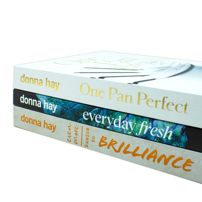 Donna Hay Collection 3 cookbooks set featuring One Pan Perfect, Basics to Brilliance, and Everyday Fresh, displayed with cover images.