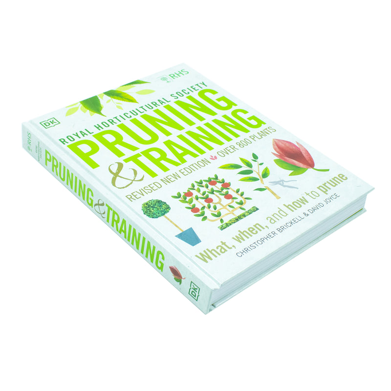Cover image of RHS Pruning and Training DK book by Christopher Brickell and David Joyce, featuring pruning tools and plant illustrations.