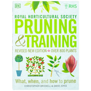Book cover for "RHS Pruning and Training" DK edition by Christopher Brickell and David Joyce, featuring gardening tools and plant illustrations.
