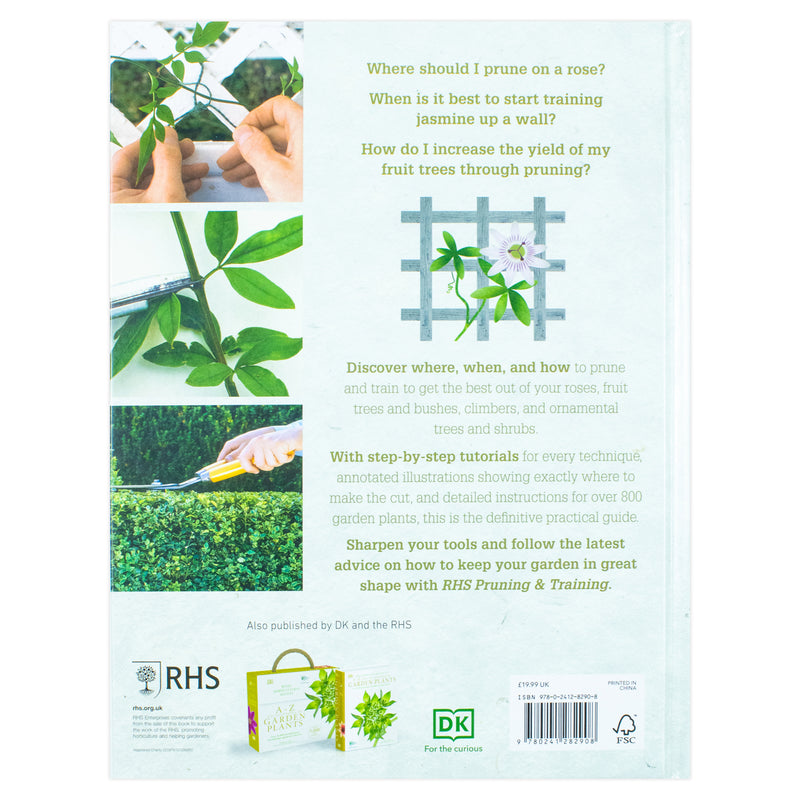 DK book cover titled "RHS Pruning and Training" by Christopher Brickell and David Joyce, featuring pruning tools and plant illustrations.