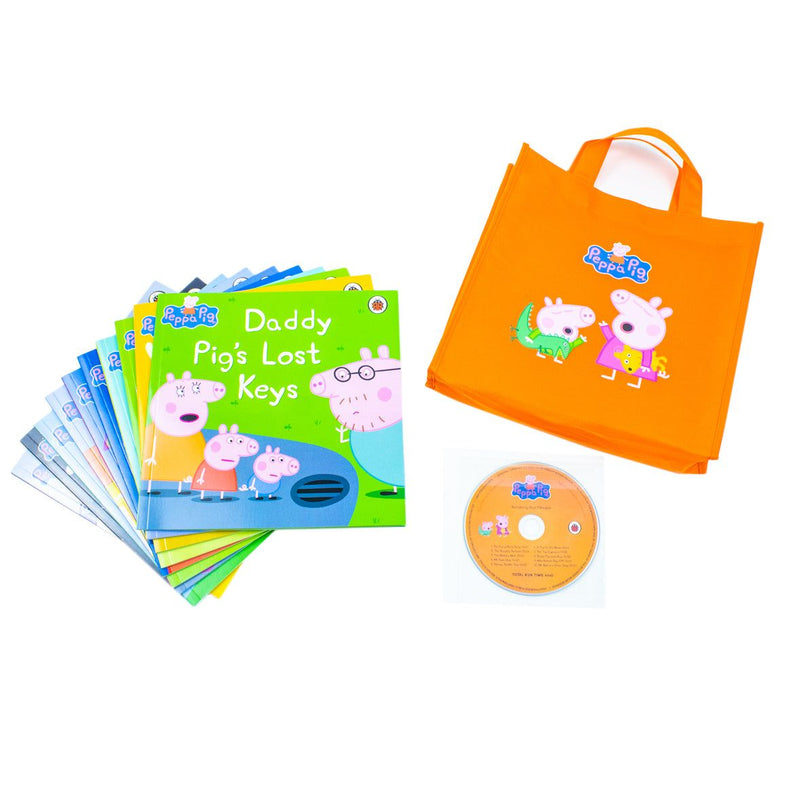 Ladybird Peppa Pig orange bag with 10 book collection and CD, featuring colorful illustrations of Peppa Pig characters.