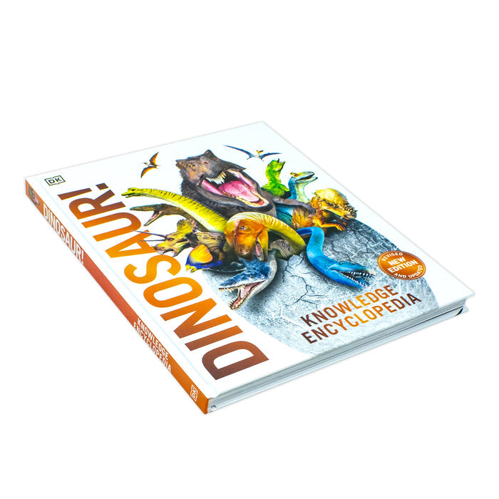 DK Knowledge Encyclopedia Dinosaur book cover featuring colorful illustrations of over 60 prehistoric creatures and dinosaurs.