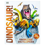 DK Knowledge Encyclopedia Dinosaur book cover featuring colorful illustrations of over 60 prehistoric creatures and dinosaurs.
