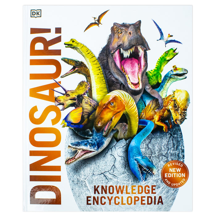 DK Knowledge Encyclopedia Dinosaur book cover featuring colorful illustrations of over 60 prehistoric creatures and dinosaurs.