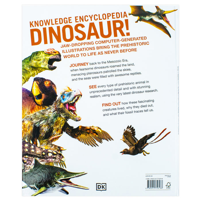 Open Knowledge Encyclopedia Dinosaur book showing colorful illustrations of prehistoric creatures and detailed dinosaur images.