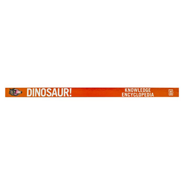 DK Knowledge Encyclopedia Dinosaur book cover featuring colorful prehistoric creatures and detailed illustrations of dinosaurs.