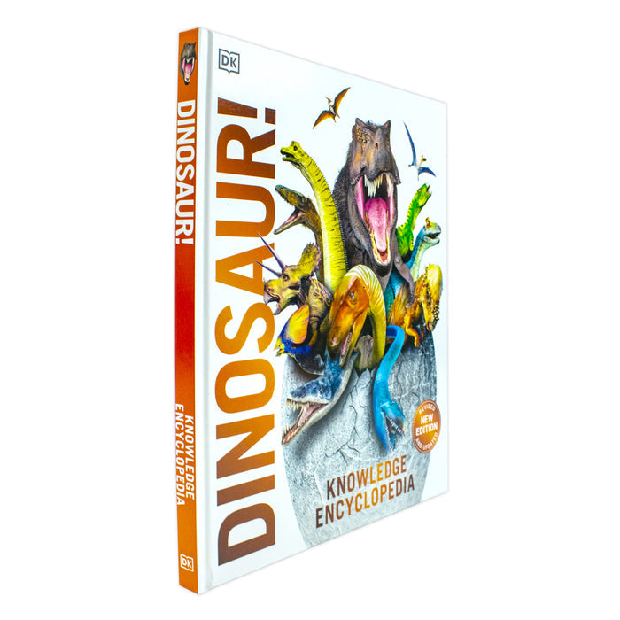 Cover of DK Knowledge Encyclopedia Dinosaur with colorful illustrations of over 60 prehistoric creatures and dinosaurs.
