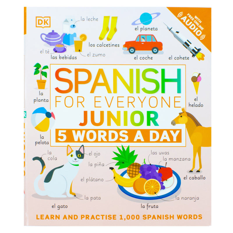 Children's Spanish learning book titled "Spanish for Everyone Junior" by DK, featuring colorful cover with Spanish words and illustrations.