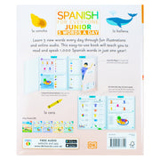 Children's book titled "Spanish for Everyone Junior 5 Words a Day" by DK, featuring colorful cover with Spanish vocabulary illustrations.
