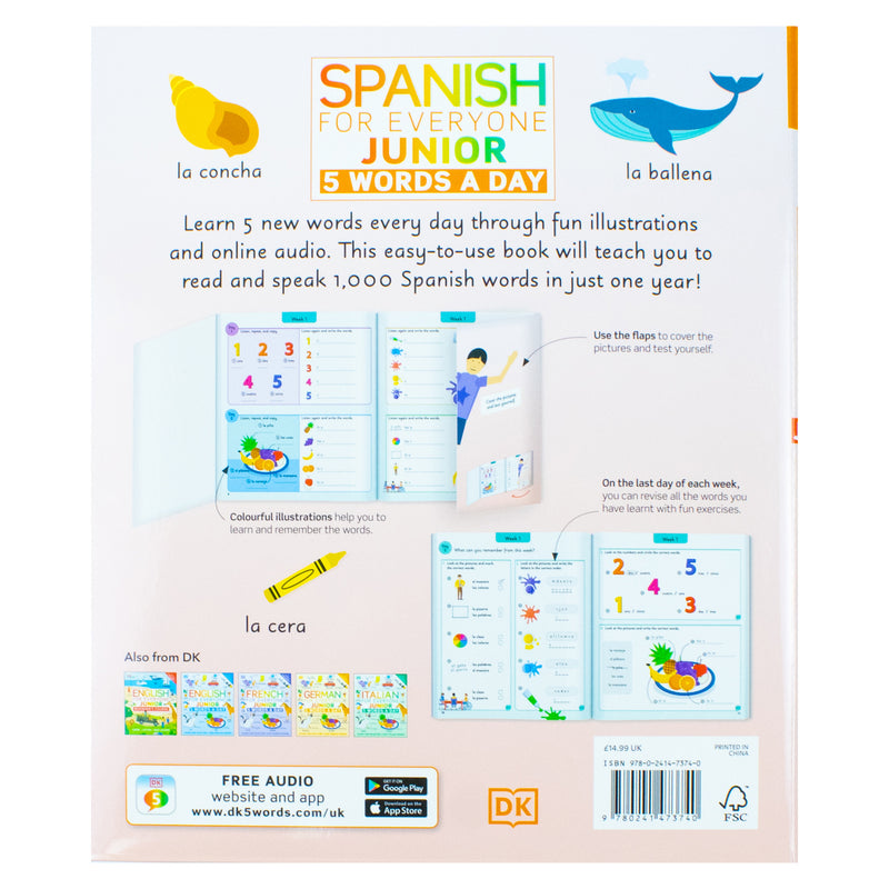 Children's book titled "Spanish for Everyone Junior 5 Words a Day" by DK, featuring colorful cover with Spanish vocabulary illustrations.