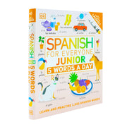 Children’s book cover titled "Spanish for Everyone Junior: 5 Words a Day" by DK, featuring colorful illustrations and Spanish language themes.